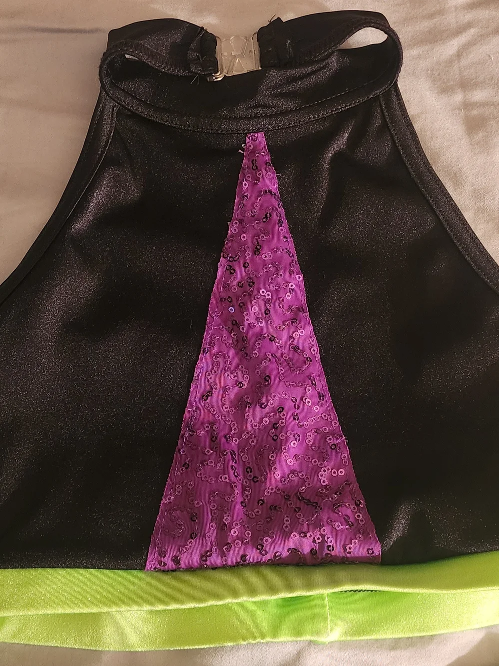 DA Designs Black Purple Sequin & Neon Lime Halter Crop Top Booty Shorts DanceSet
